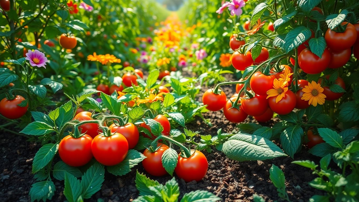 Abundant organic garden with ripe vegetables and colorful flowers.