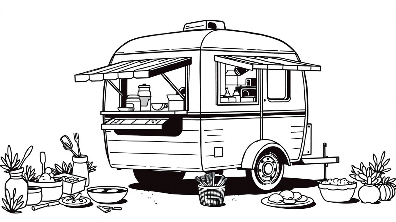 Black and white illustration of a food trailer.