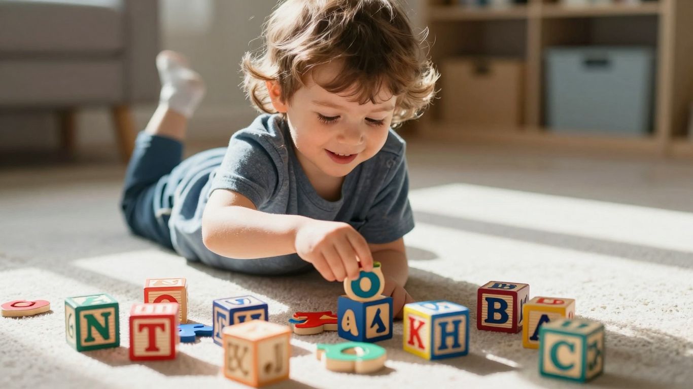 Preschooler happily learning alphabet with colorful blocks.