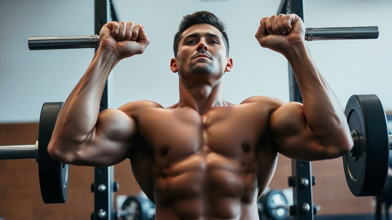 Person performing Smith machine bench press, triceps engaged.