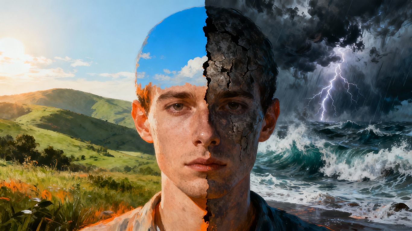 Person's head split between calm and stormy scenes.