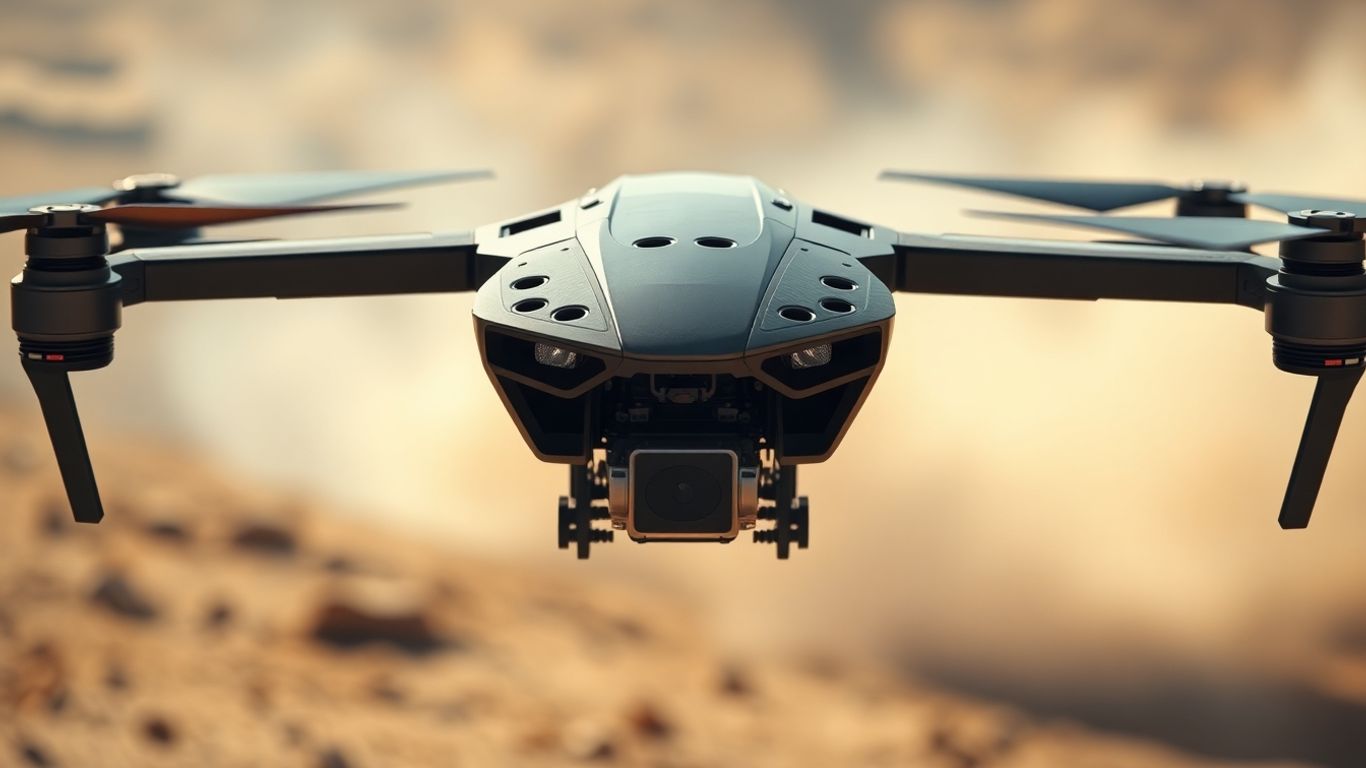 Futuristic 3D-printed drone hovering over a battlefield.
