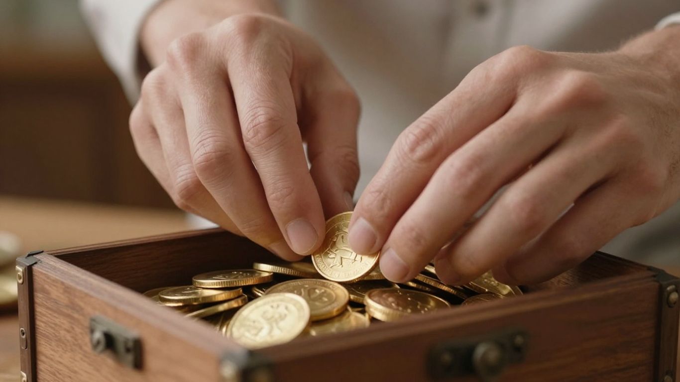 Hände legen Goldmünzen in eine Truhe.