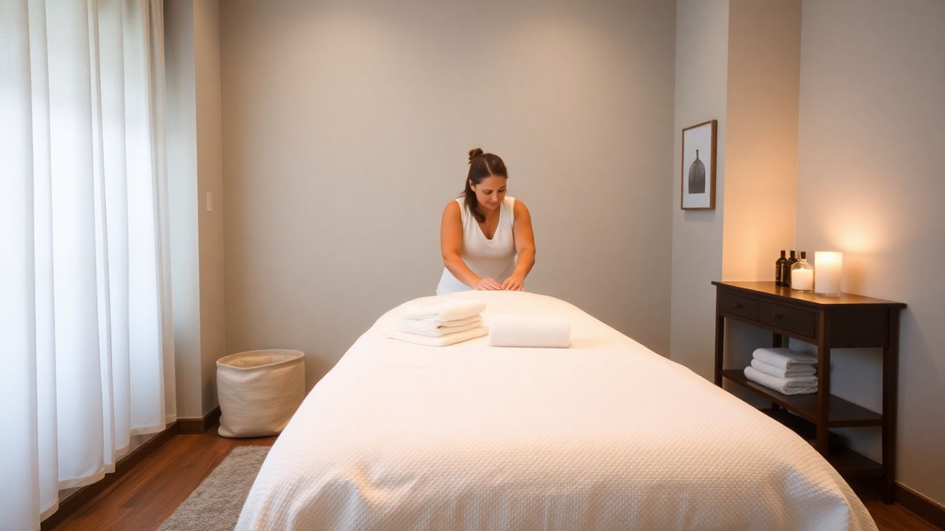 Relaxing massage room with therapist and massage table.