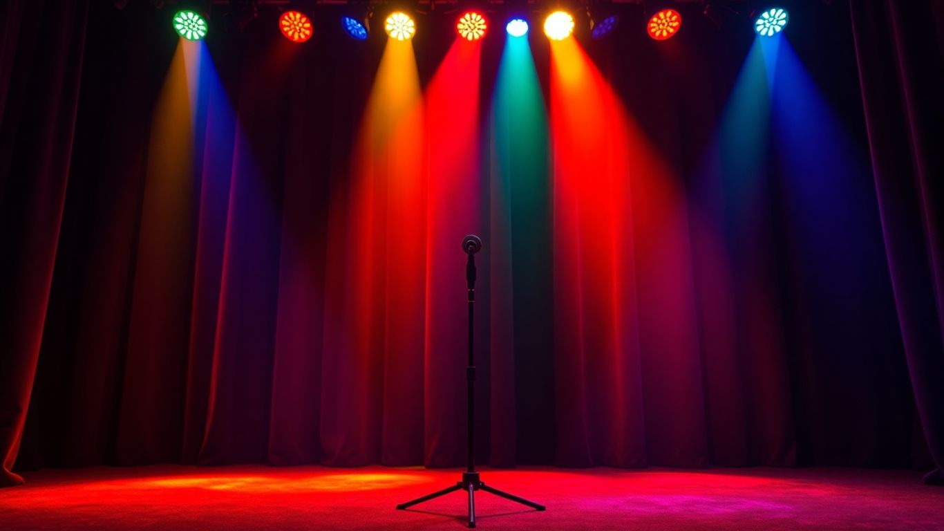 Comedy stage with microphone and curtains.