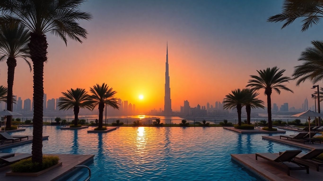 Dubai skyline with Burj Khalifa at sunset