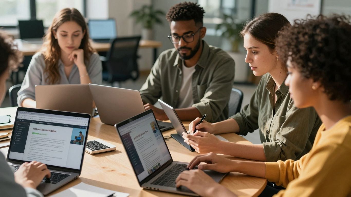 Pessoas estudando em computadores e tablets.