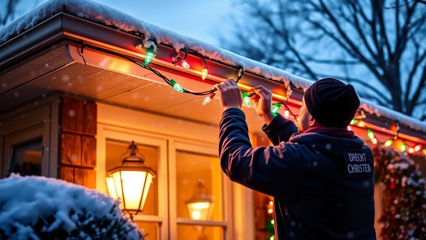 Professional Christmas lights installation on a snowy house.