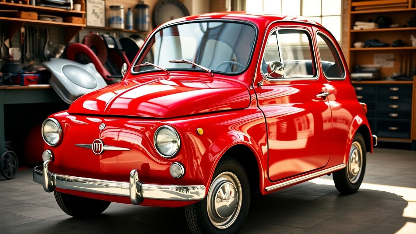Restored vintage red Fiat 500 in a workshop.