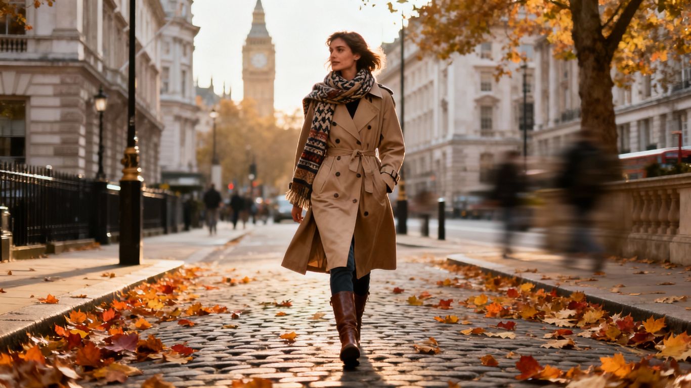 Woman in trench coat on London street in autumn.