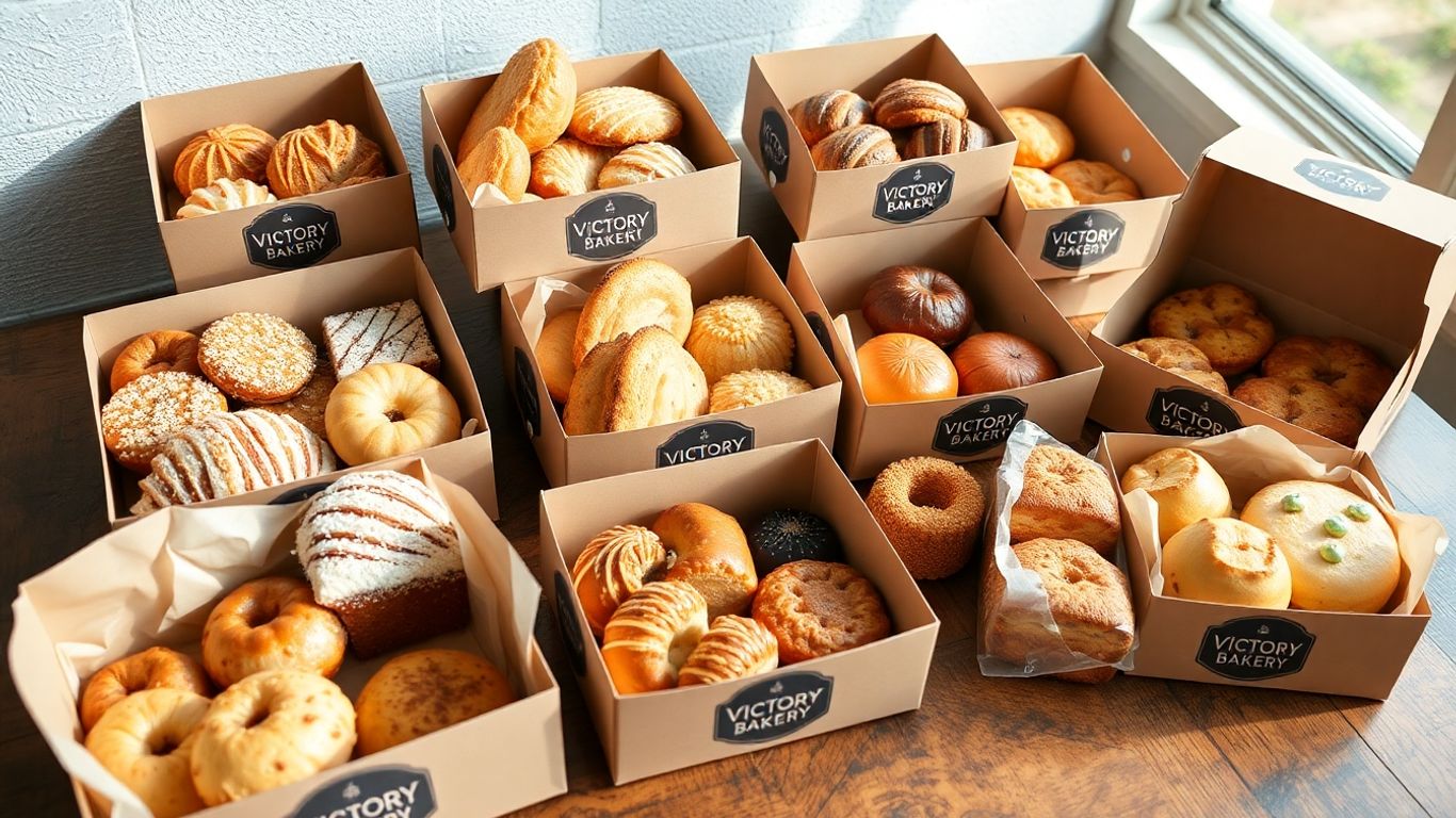 ขนมกล่องจาก Victory Bakery จัดวางเรียงอย่างสวยงาม