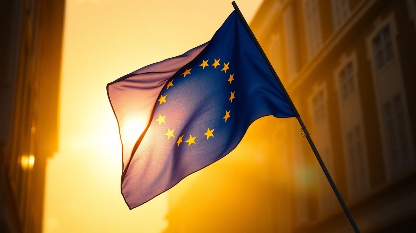 Steag european cu lumină aurie și elemente arhitecturale.