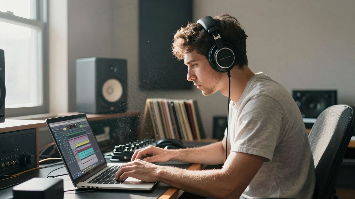 Producer working on music in a home studio.