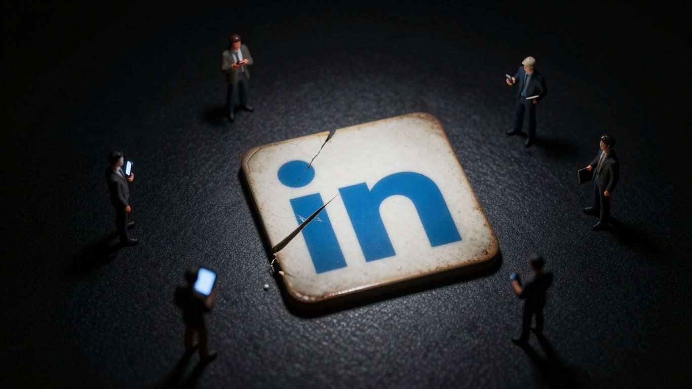 Cracked LinkedIn logo with disconnected figures and glowing phone screens.