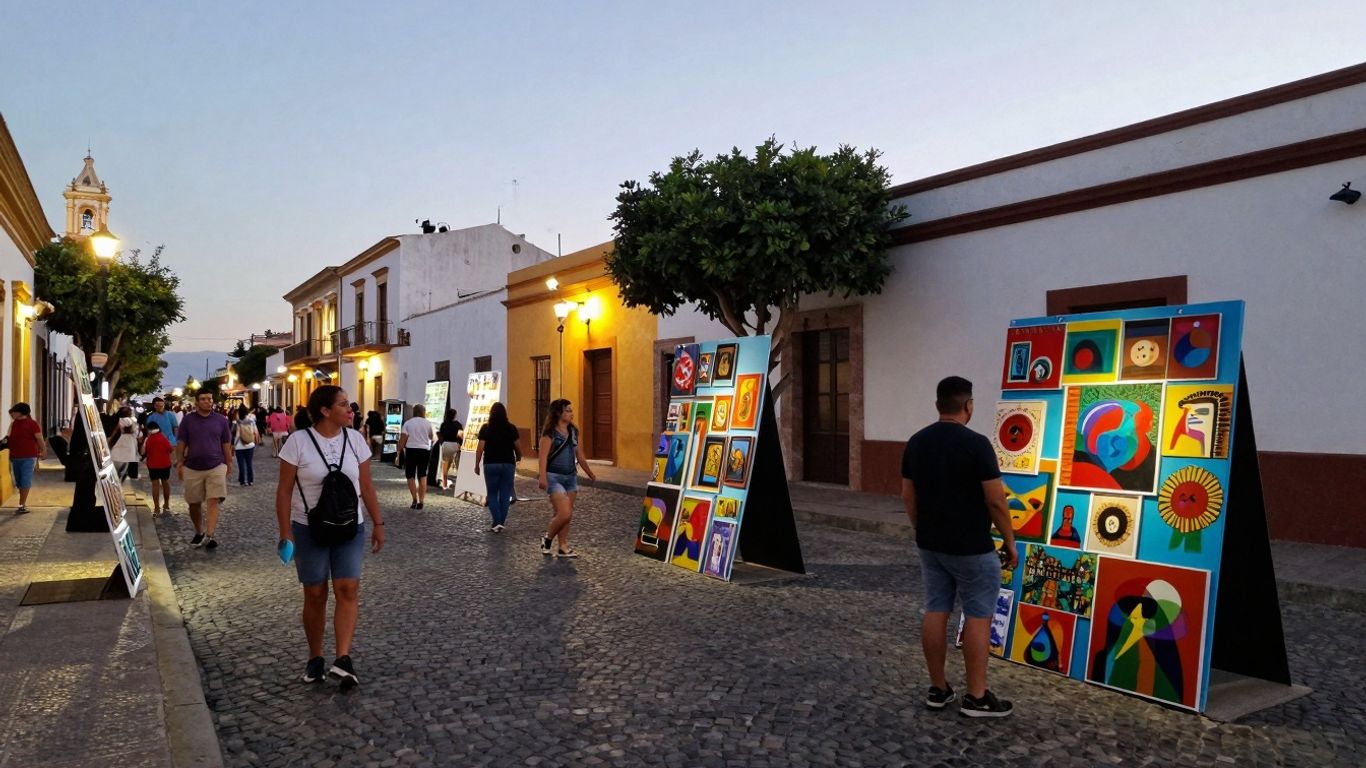 Art installations and people on a street during the San Jose del Cabo Art Walk.