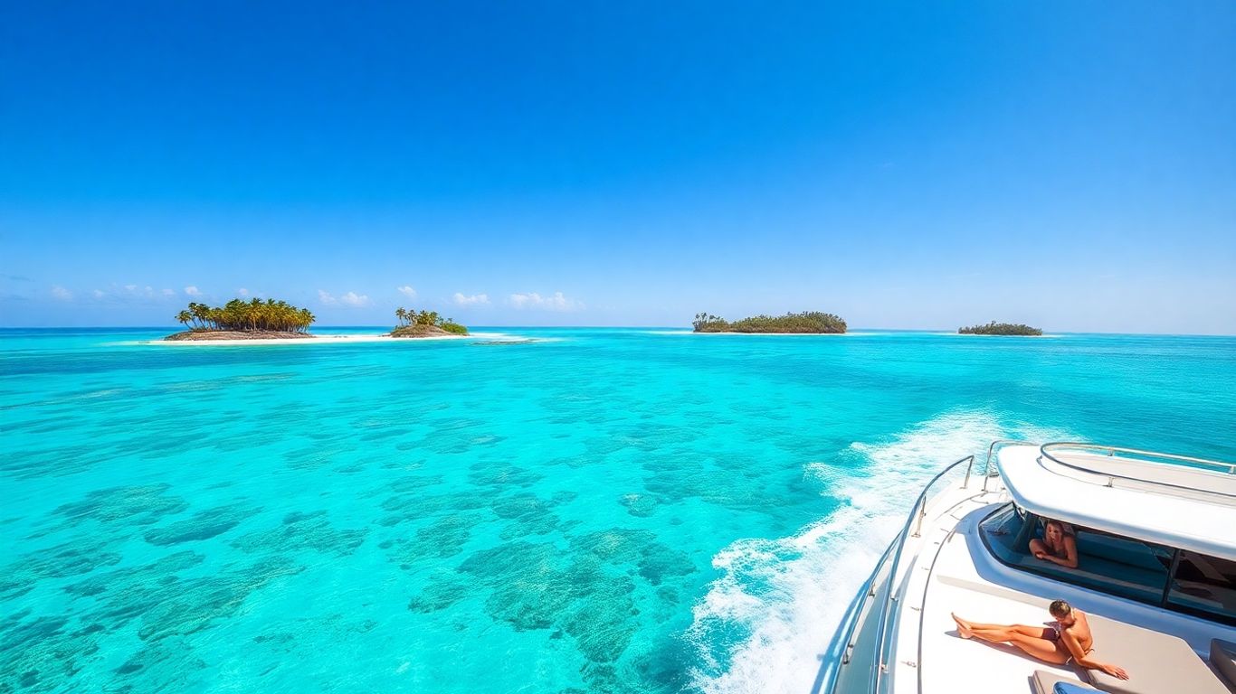 Luxury yacht sailing in clear turquoise Bahamian waters.