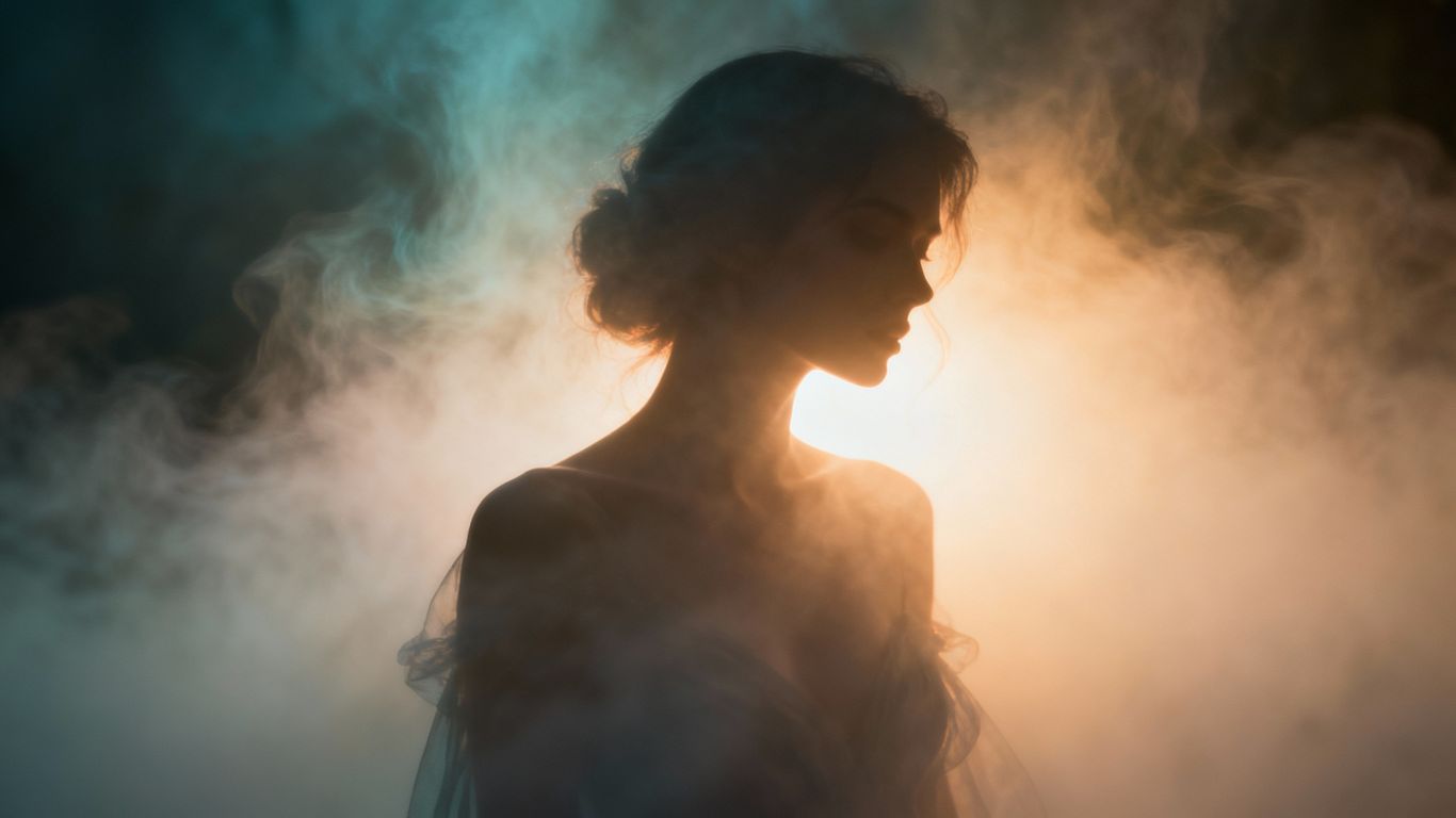 Mysterious couple in a misty, romantic, supernatural setting.