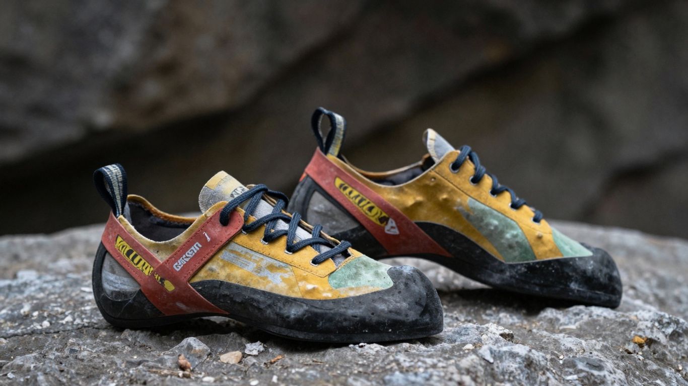 Beginner climbing shoes on a rock surface.