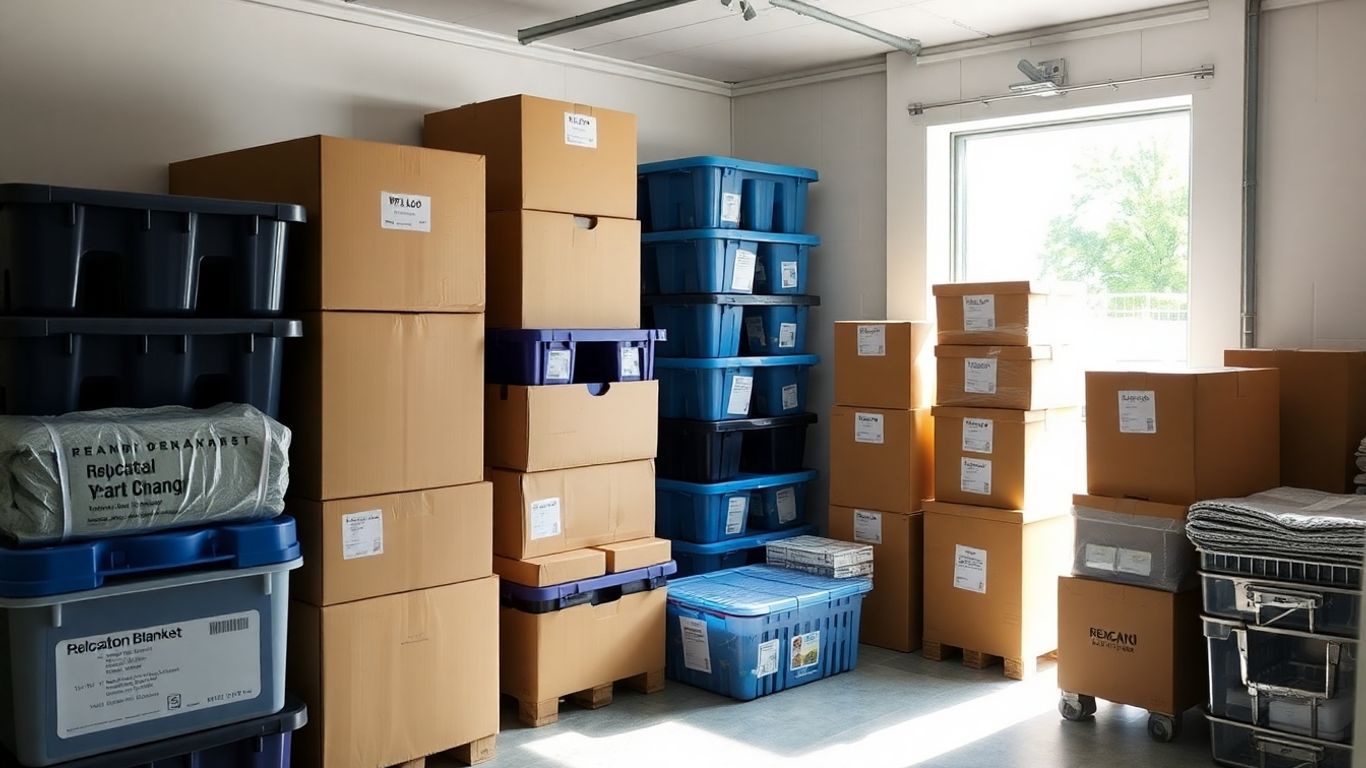 Organised storage unit with labelled boxes and containers
