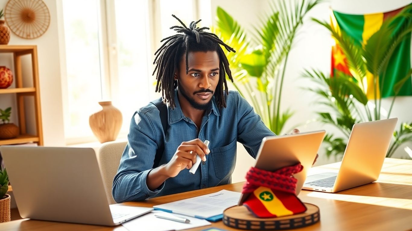 Cameroonian entrepreneur at desk with laptop and tablet