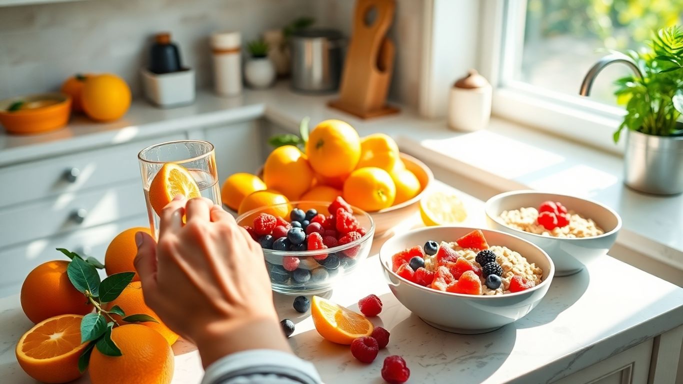 Healthy breakfast foods and a glass of water.