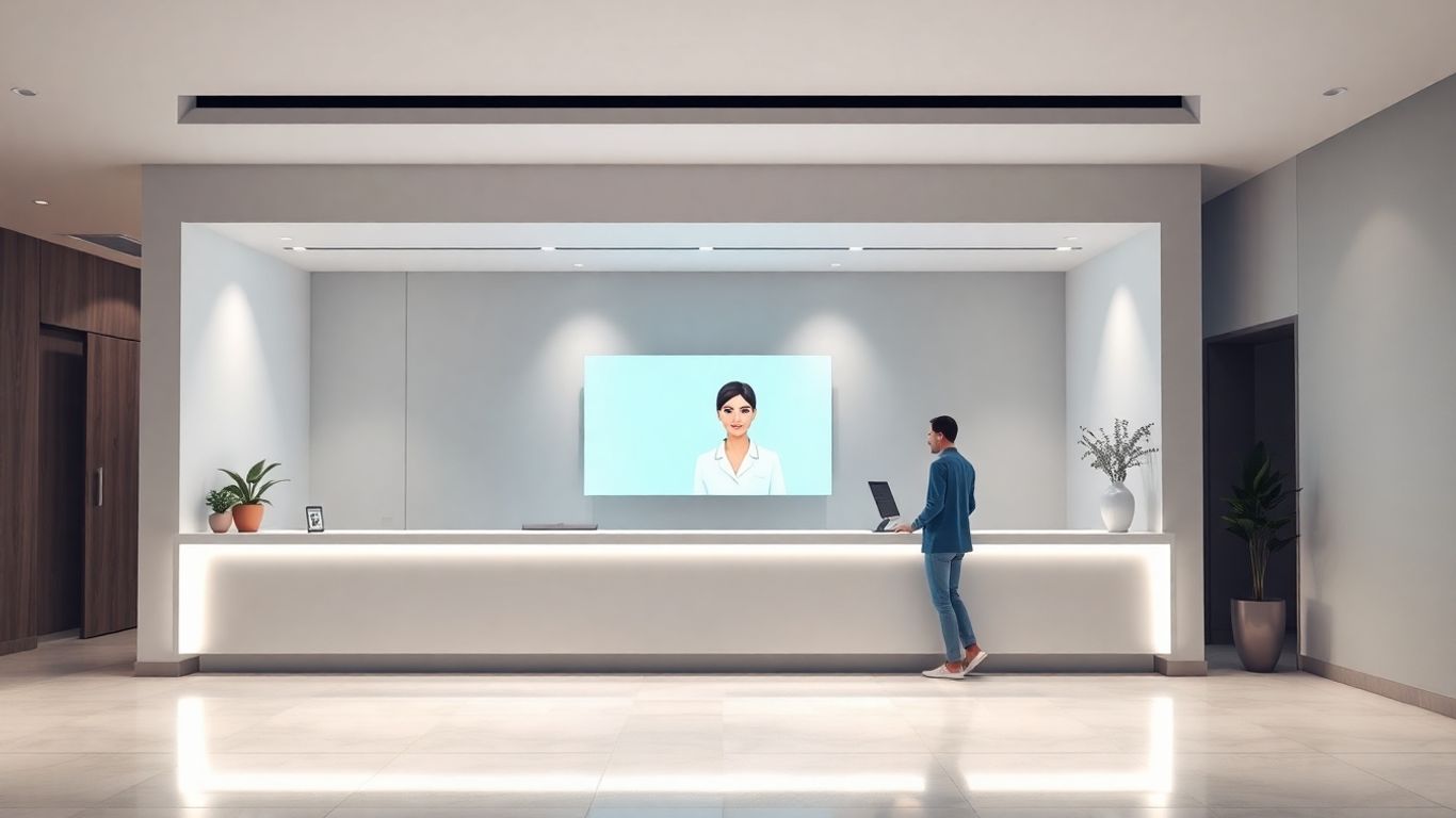 AI receptionist interacting with a patient in a clinic.