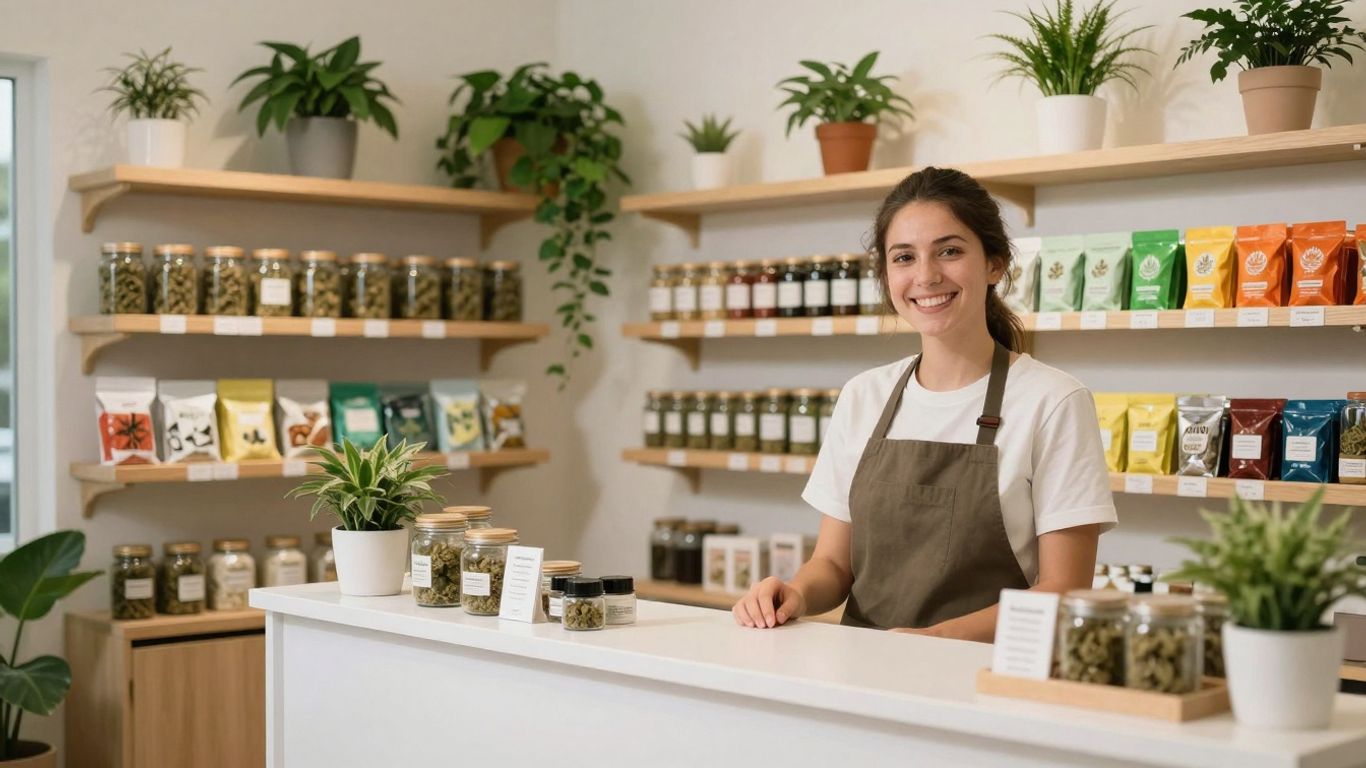 Purple Lotus dispensary interior with products and staff.