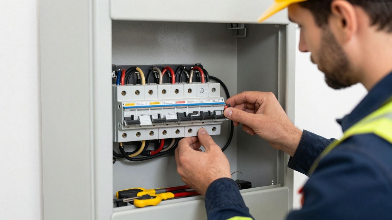 Elektricien vervangt oude stoppenkast door nieuwe.