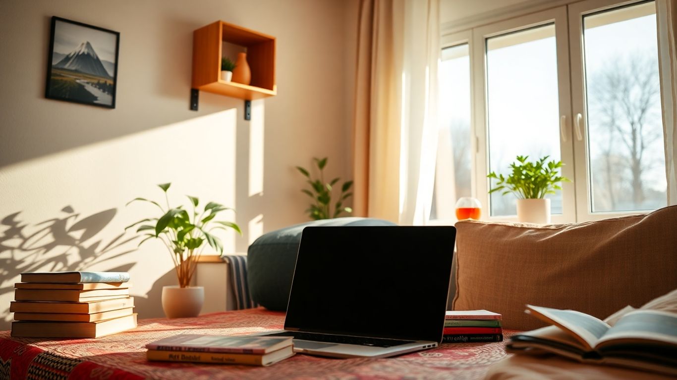 Interior de apartamento acogedor con pertenencias personales.