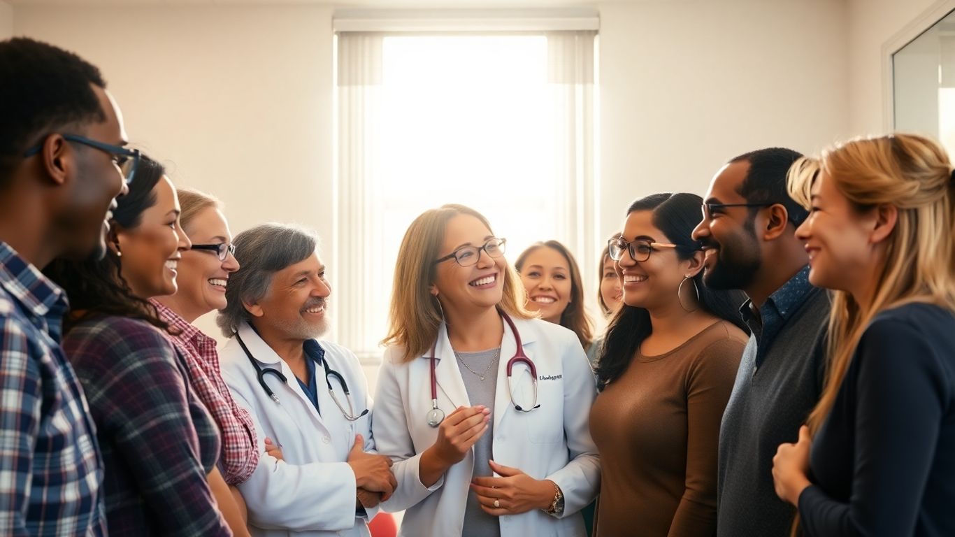 Doctor and patients in a bright, modern healthcare clinic.