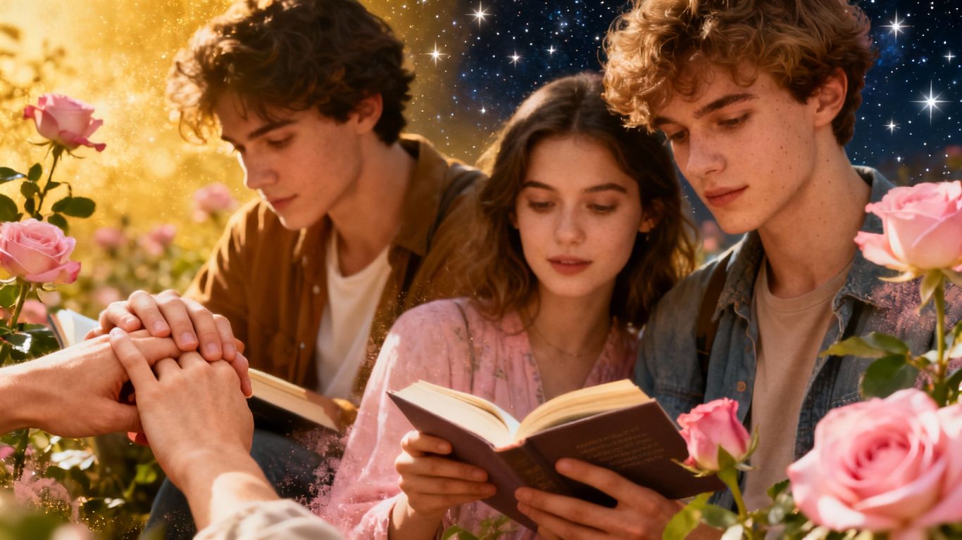 Young adults reading romance novels, surrounded by romantic imagery.