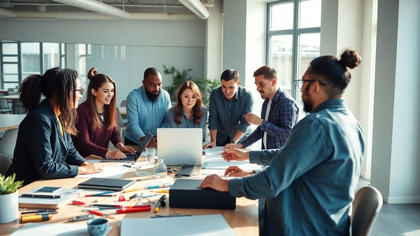 Team collaborating on innovative project in bright workspace.
