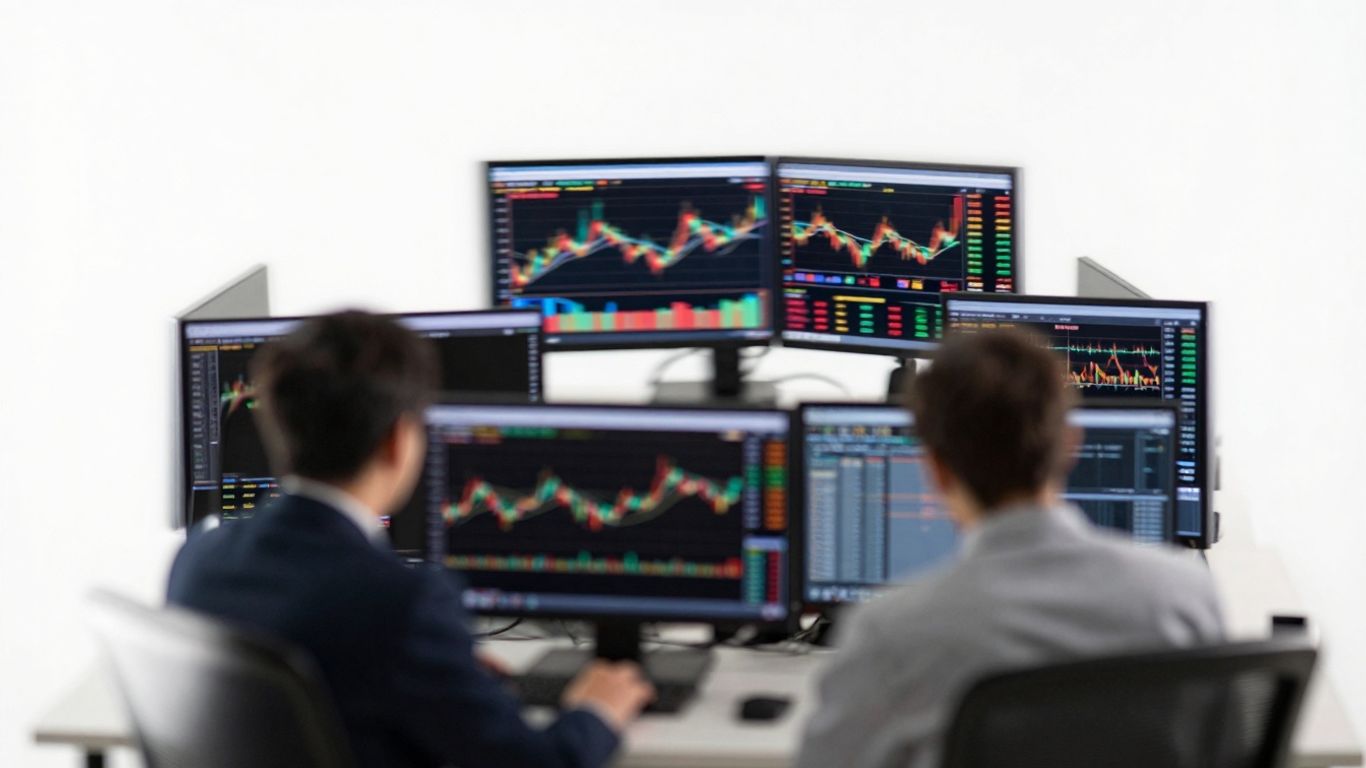 Trading floor with abstract light and shadow effects.