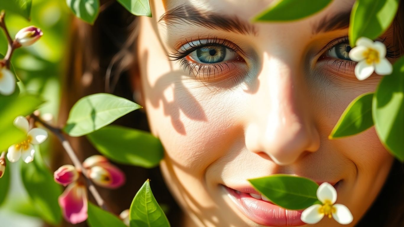 Woman with radiant skin surrounded by natural botanicals.