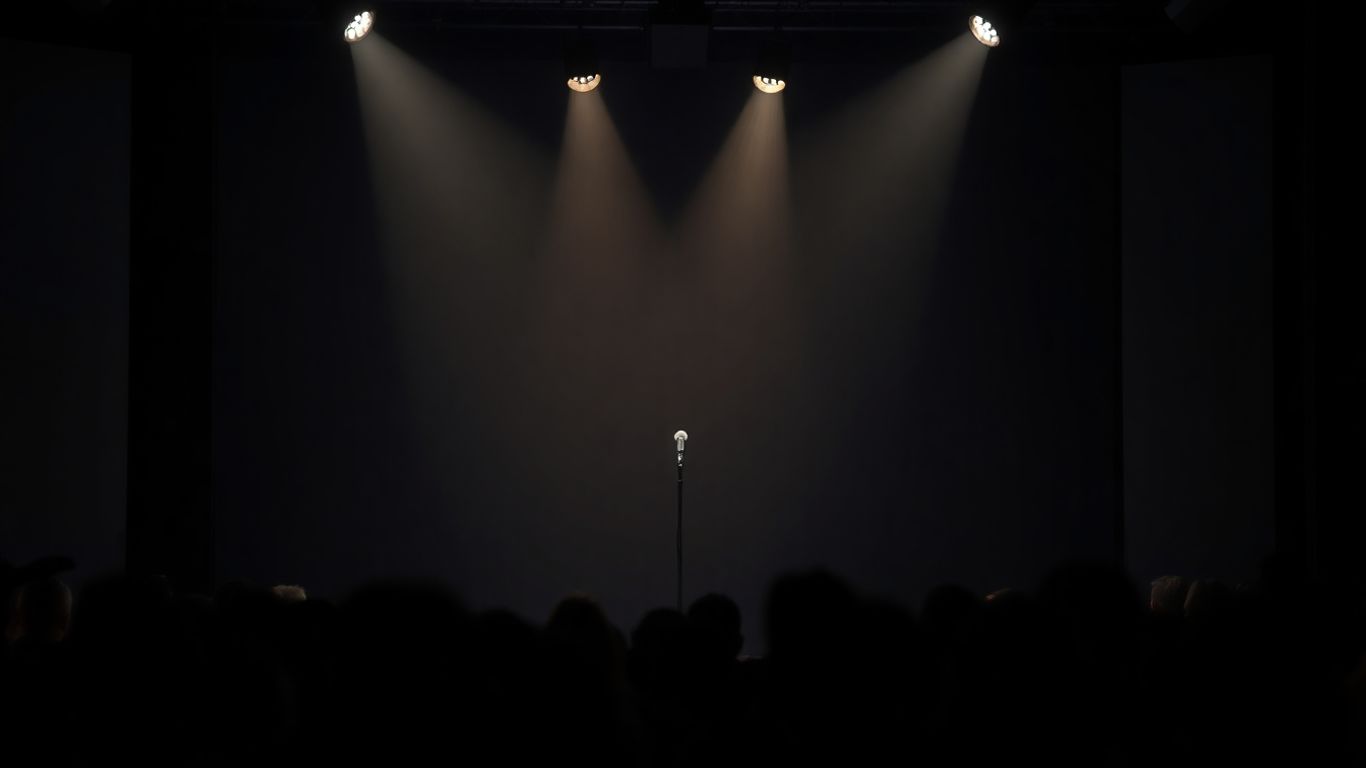 Empty microphone stand on a comedy stage.
