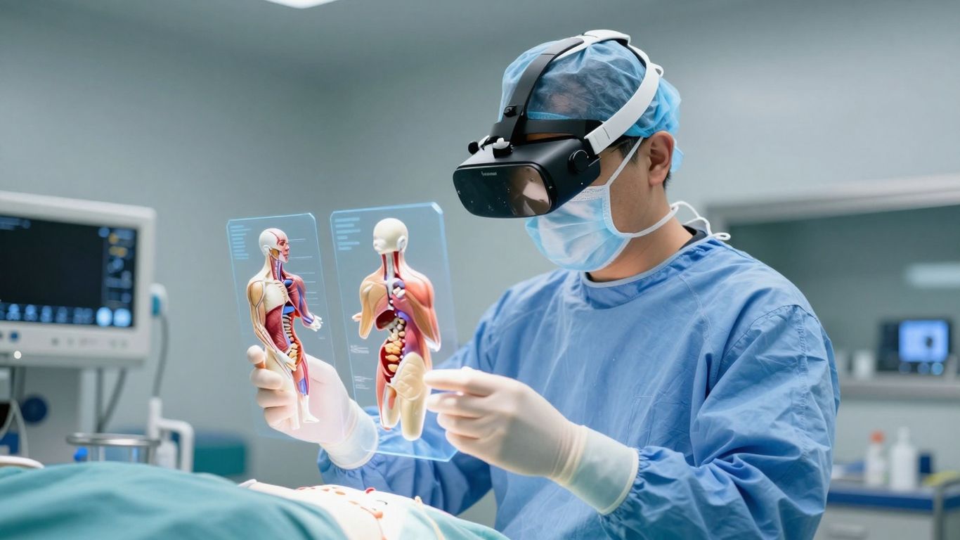 Chirurg cu ochelari de realitate mixtă în sala de operație.