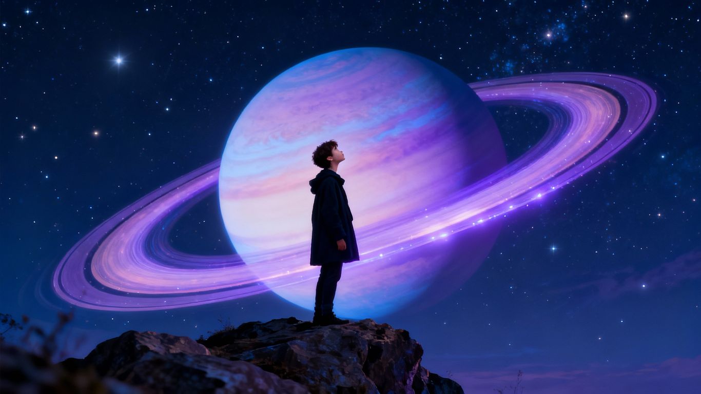 Young adult looking at Saturn in the night sky.