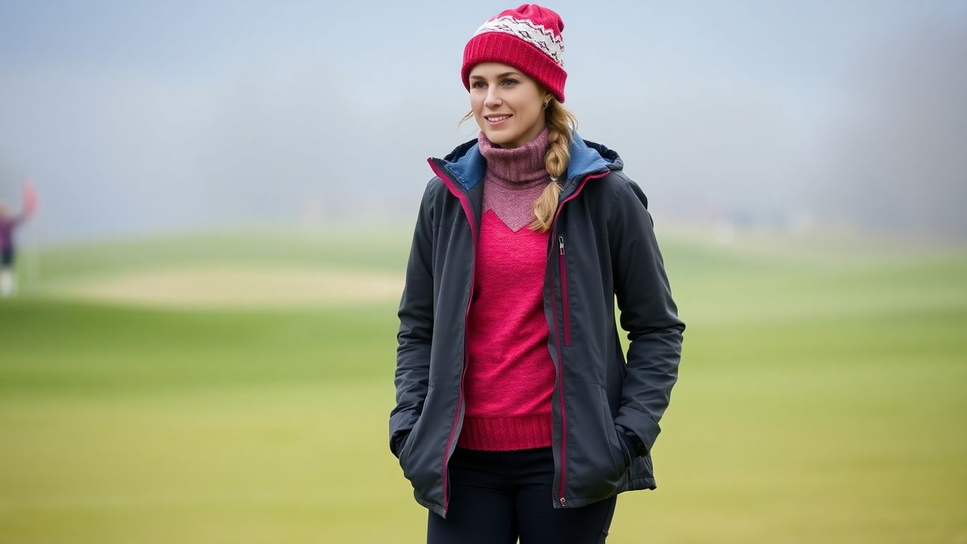 Woman golfer in cold-weather layered outfit