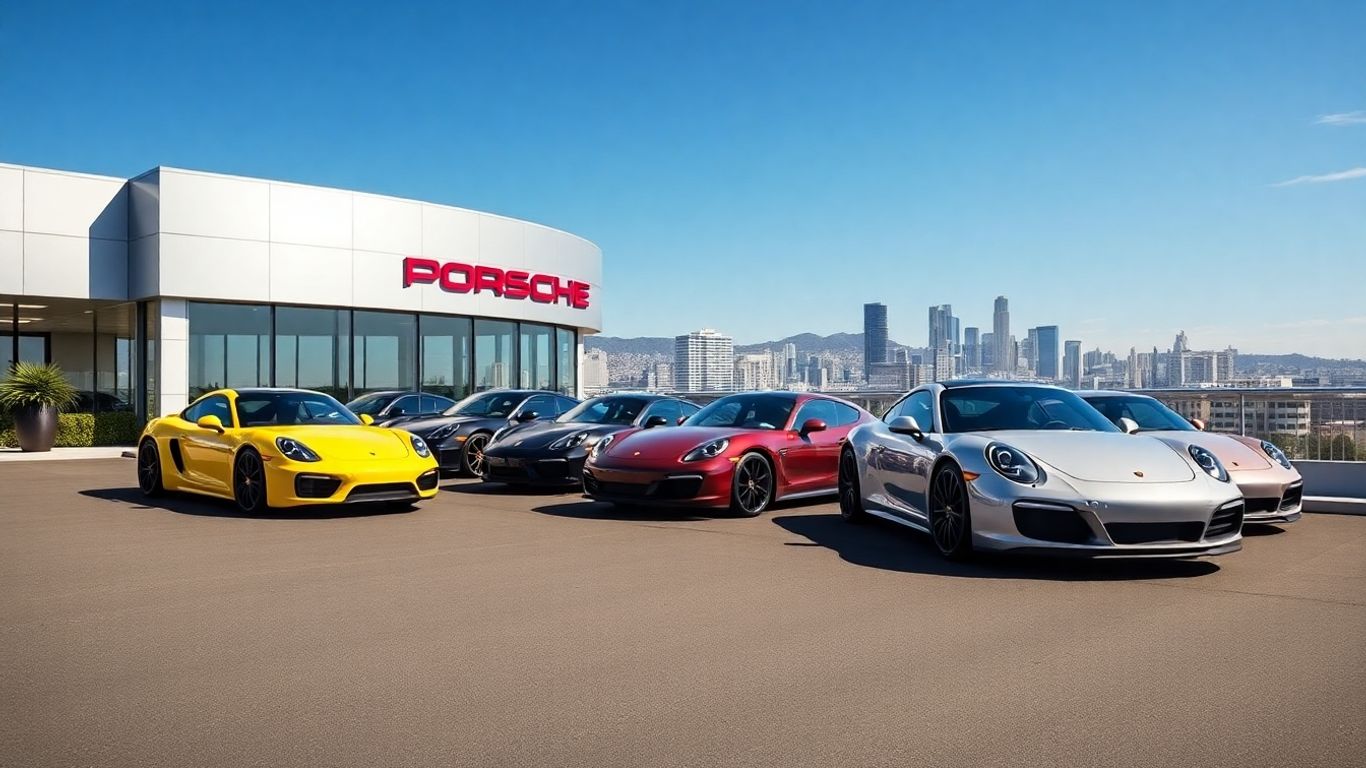 Modern Porsche cars outside a luxury dealership