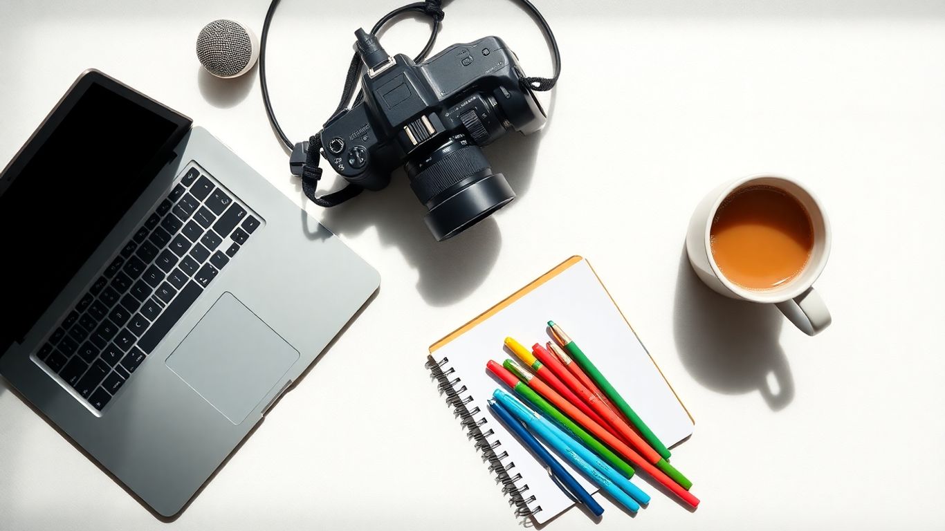 Blogging gifts: laptop, camera, microphone, notebook, pens, coffee.