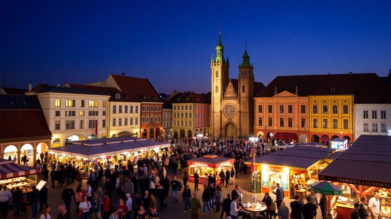 Rynek Główny w Krakowie nocą, pełen ludzi i świateł.