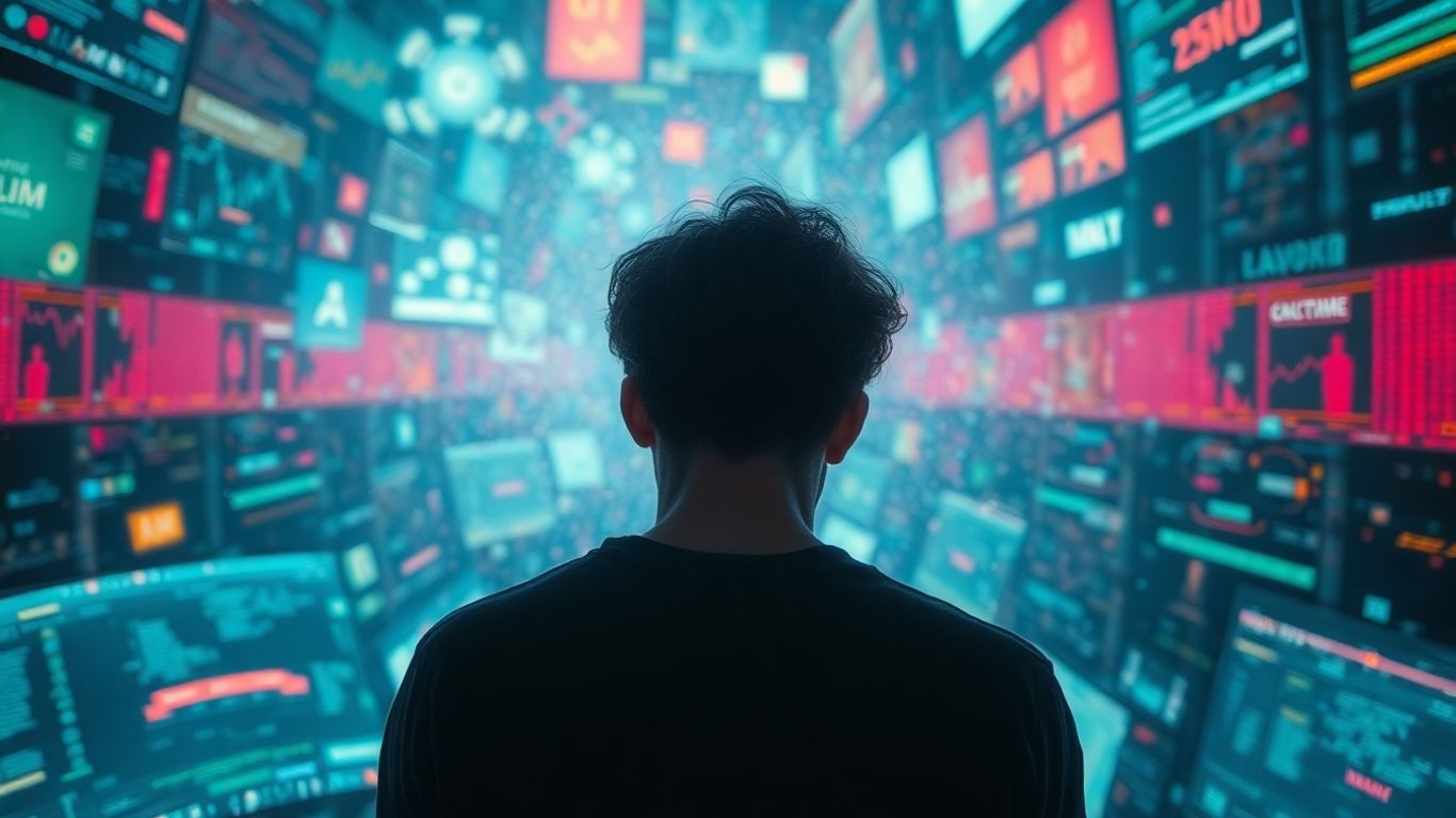 Person lost in a chaotic digital information storm.