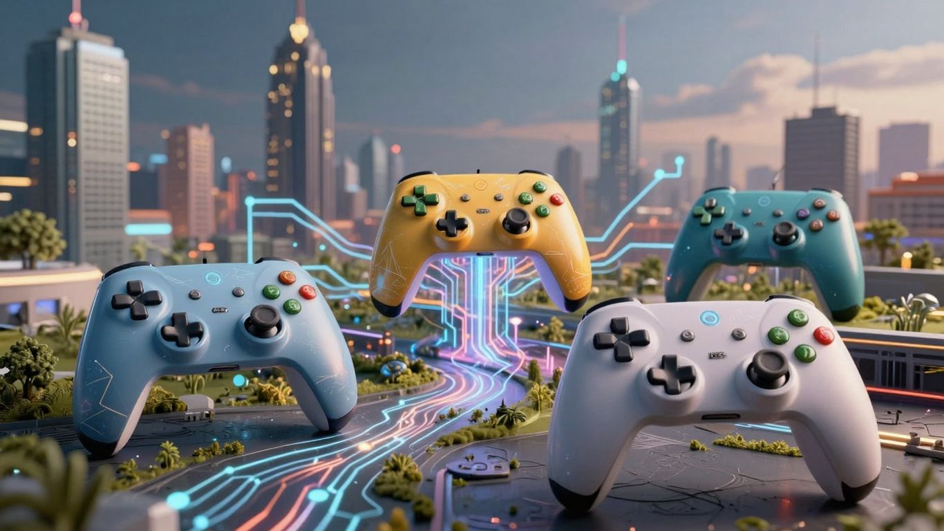 AI transforming the video games industry with futuristic visuals.