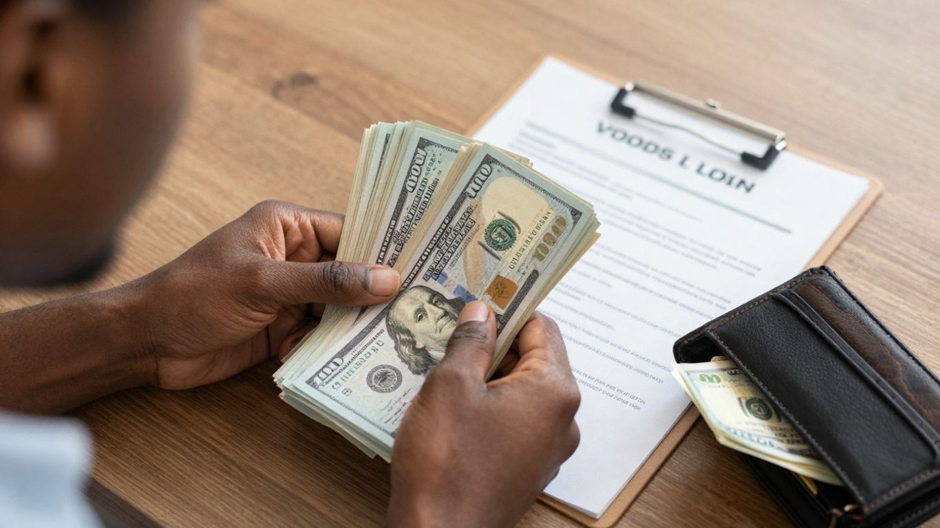 Person considering personal loan documents and cash.