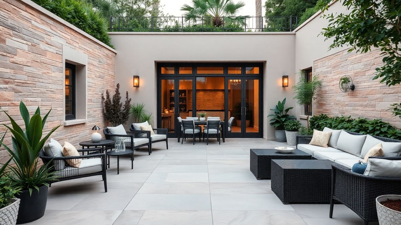 Sandstone veneer wall and modern patio with plants