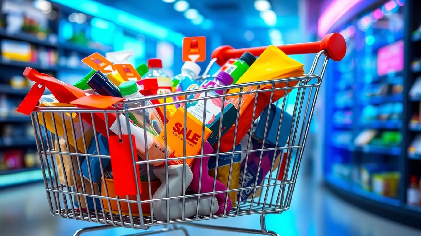 Carrinho de compras cheio de promoções e tecnologia.