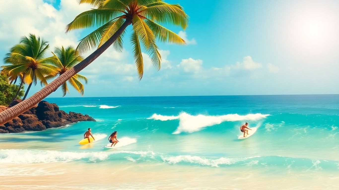 Surfers riding waves on a sunny Hawaiian beach.