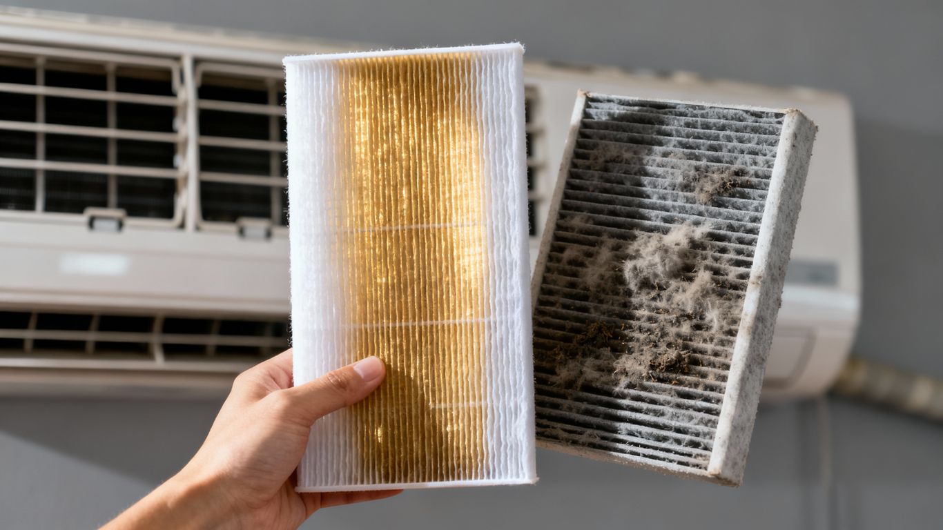 New air filter next to a dirty one