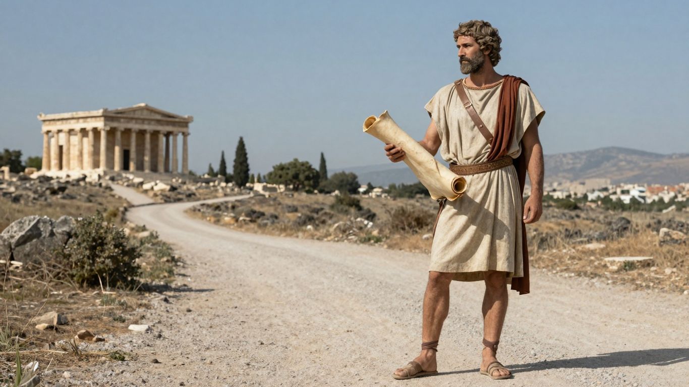 Podróżnik z zwojem na drodze, krajobraz starożytny.