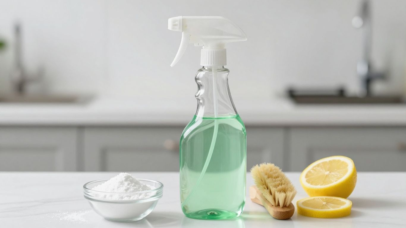 DIY toilet cleaner ingredients and bottle on counter.